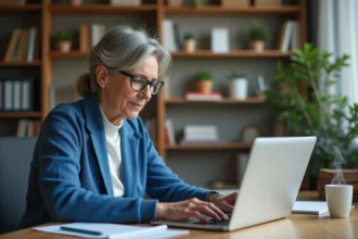 Femme d'âge moyen travaillant sur un ordinateur dans un bureau cosy