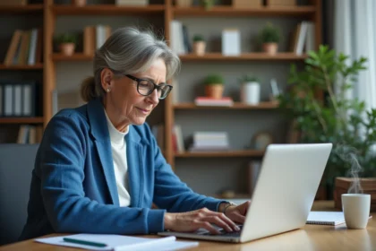 Femme d'âge moyen travaillant sur un ordinateur dans un bureau cosy
