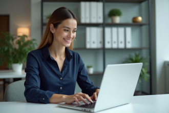 Jeune femme professionnelle utilisant un ordinateur au bureau