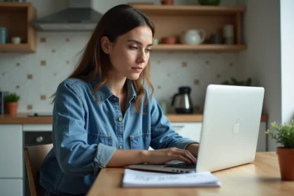 Femme en denim travaillant sur son ordinateur portable