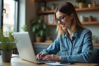 Jeune femme au bureau avec ordinateur portable et ambiance cosy