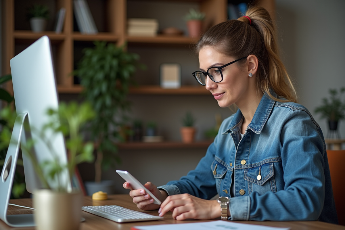 Femme en denim au bureau en train d'étudier l'écran