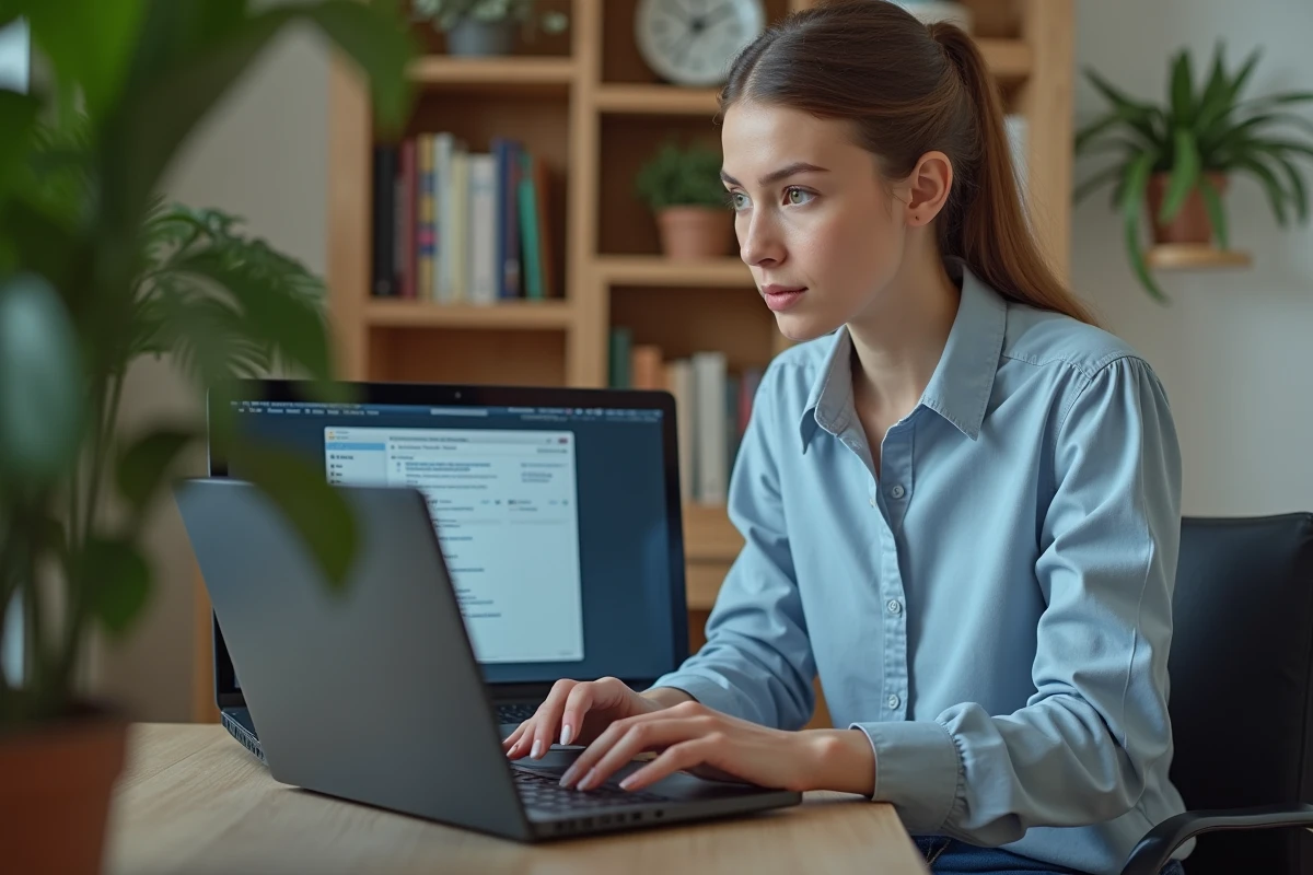 Jeune femme au bureau compare des convertisseurs vidéo