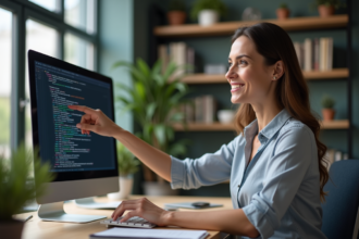 Femme en bureau professionnel pointant un écran avec URL segmentée