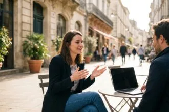 Jeune femme au café à Montpellier avec son ordinateur