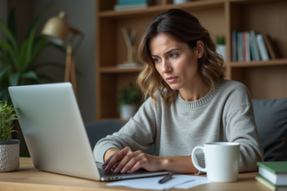 Femme d'âge moyen examinant son ordinateur à la maison