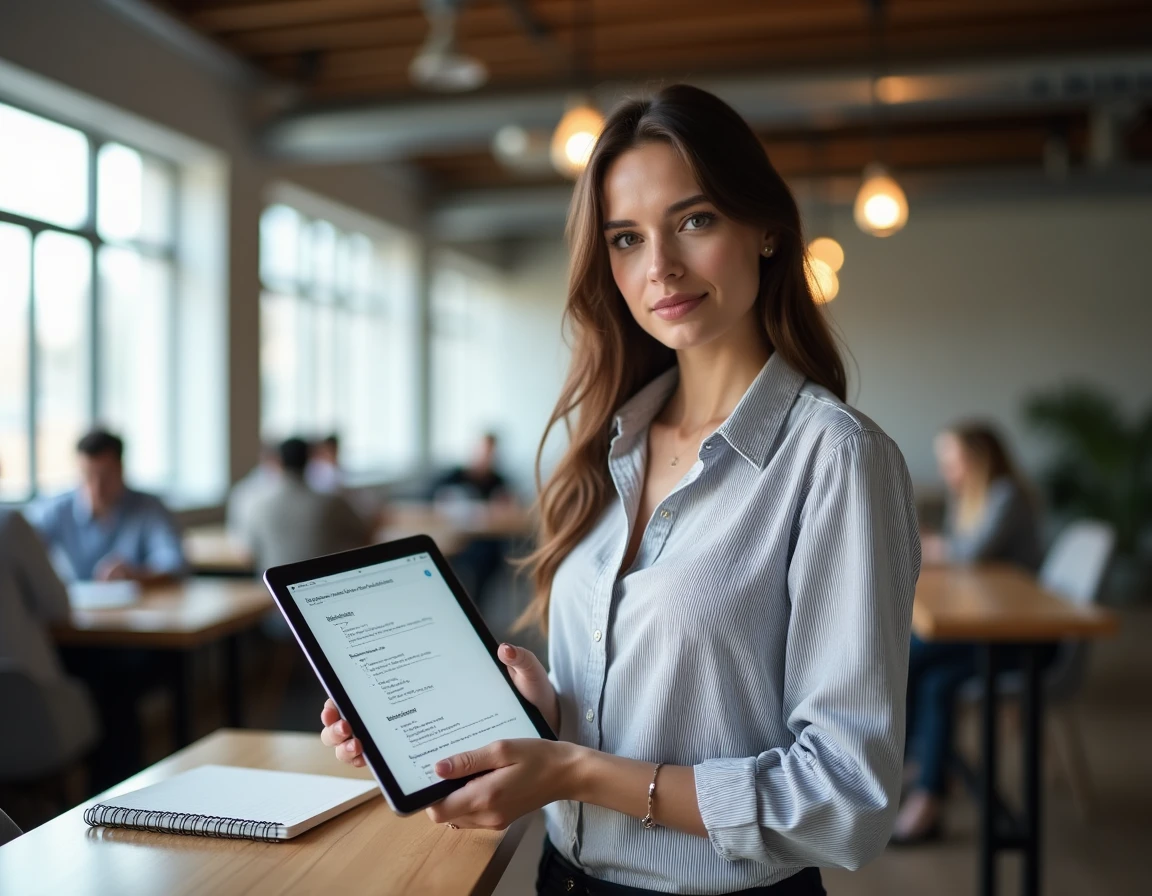 Jeune femme consultant une checklist de référencement Wiz sur tablette dans un espace de coworking