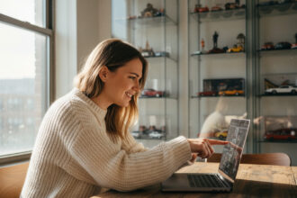 Jeune femme souriante regardant sa collection de miniatures