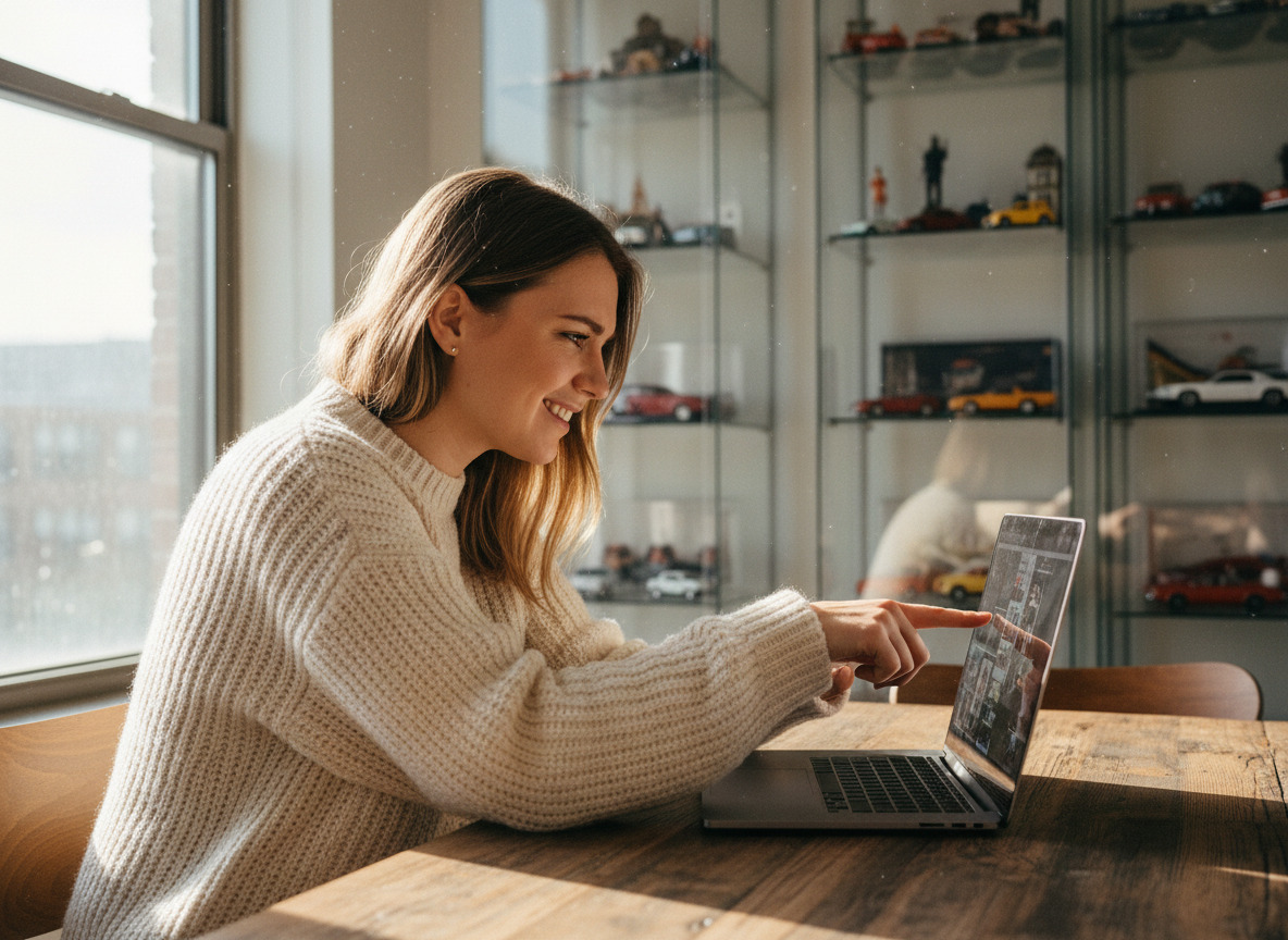 Jeune femme souriante regardant sa collection de miniatures