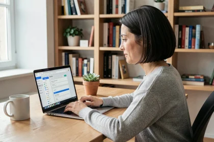Femme configurant un tableau de bord en ligne étape par étape sur son ordinateur portable depuis un bureau à domicile