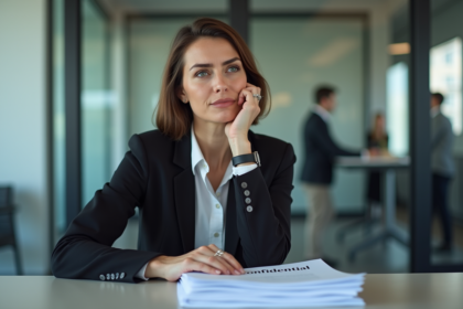 Femme d'affaires contemplant des documents confidentiels au bureau