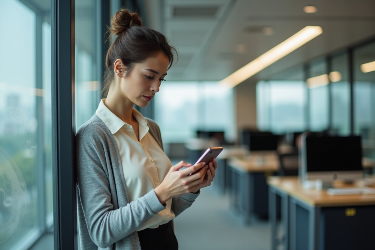 Femme professionnelle vérifiant son smartphone au bureau