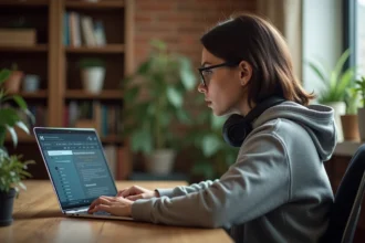 Jeune femme utilisant un convertisseur YouTube en MP3 sur son ordinateur portable à son bureau à domicile