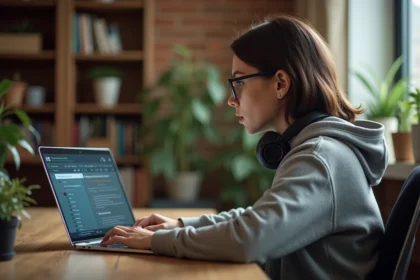 Jeune femme utilisant un convertisseur YouTube en MP3 sur son ordinateur portable à son bureau à domicile