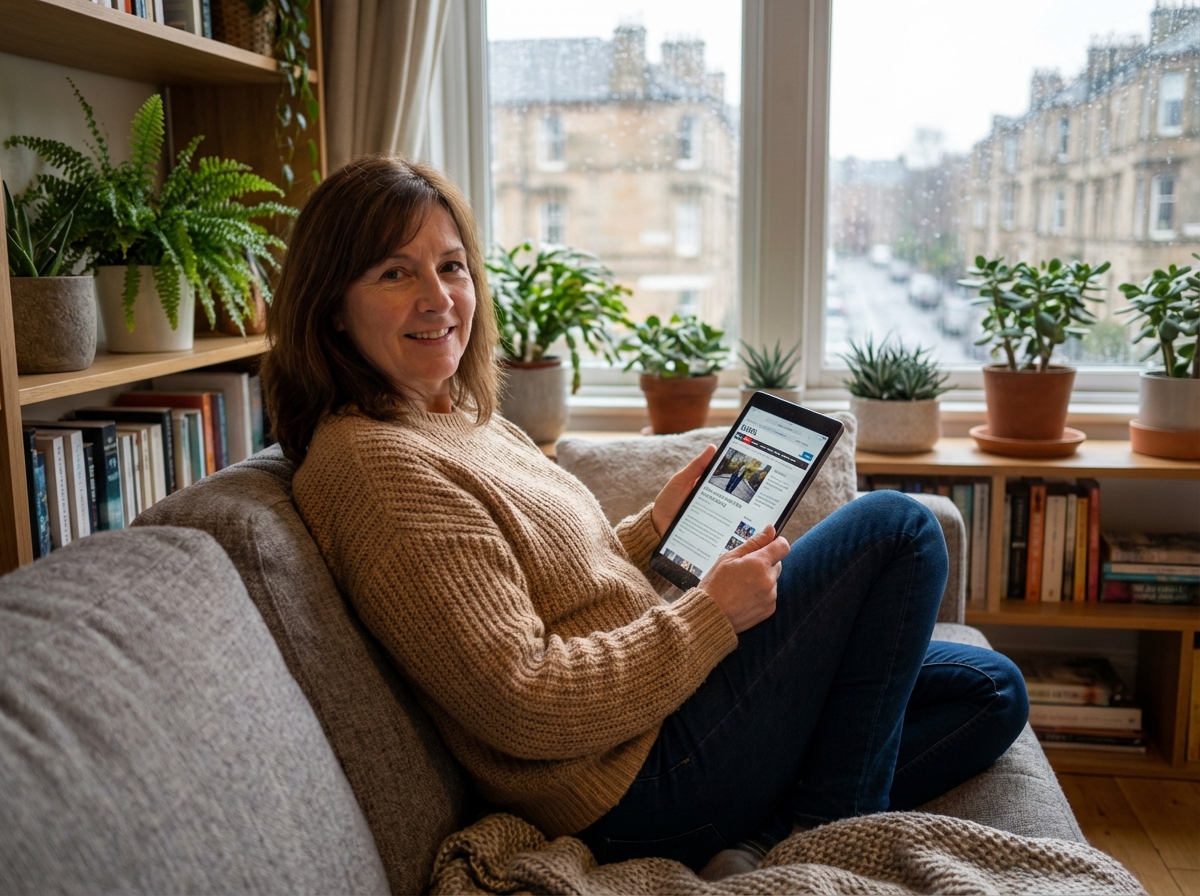 Femme détendue utilisant sa tablette à la maison