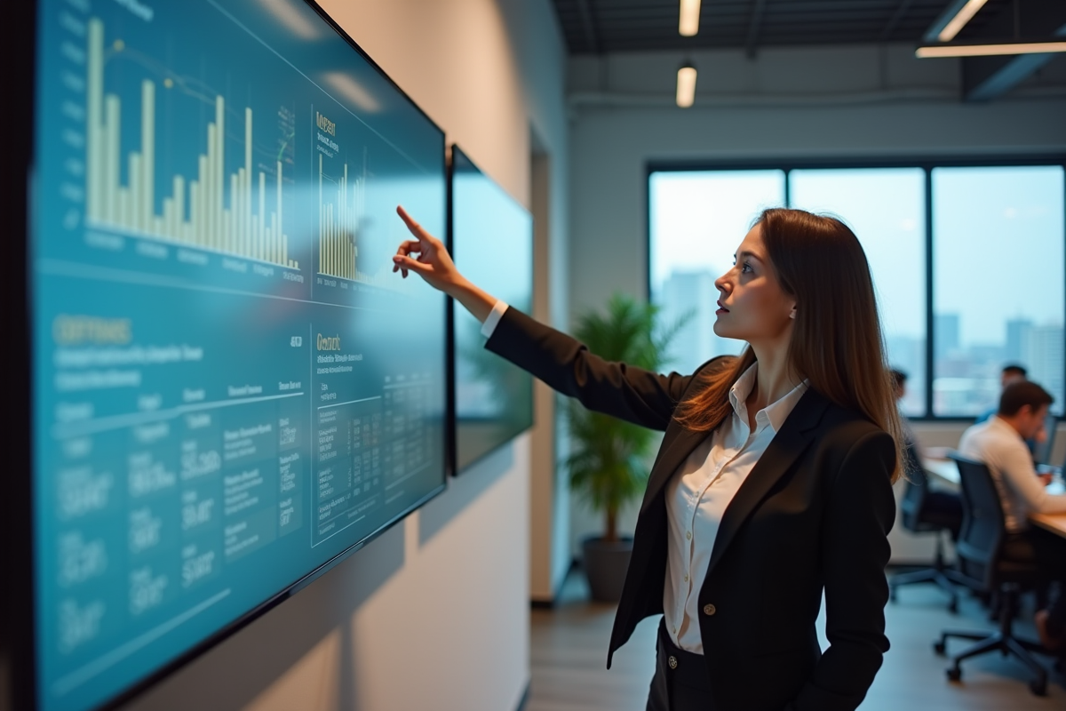 Femme pointant un tableau de bord marketing digital dans un bureau moderne