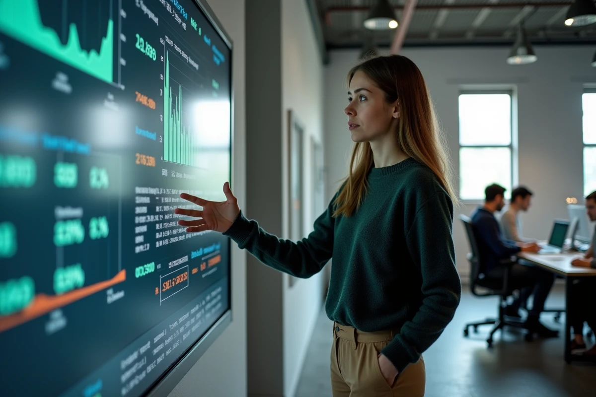 Jeune femme pointant un tableau de bord dans un espace collaboratif