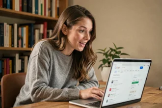 Jeune femme amusée découvrant l'easter egg Do a Barrel Roll sur Google depuis son ordinateur portable à domicile