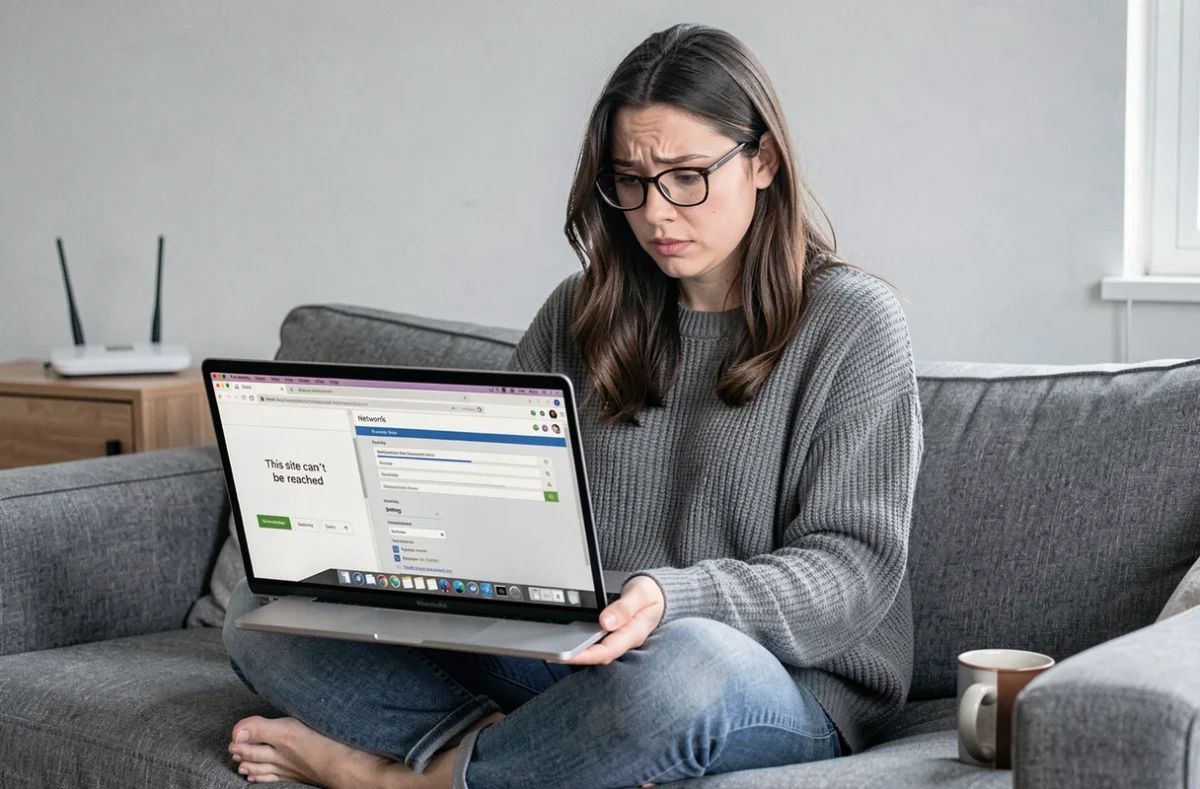 Femme consultant une page d'erreur de connexion sur son ordinateur portable dans un appartement moderne
