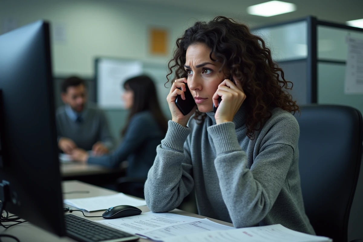 Femme frustrée parlant au téléphone face à un écran bloqué