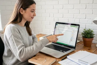 Femme utilisant Google Docs sur un ordinateur portable pour créer une table des matières dans un bureau à domicile