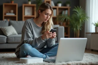 Jeune femme inquiète avec son téléphone près d'un routeur
