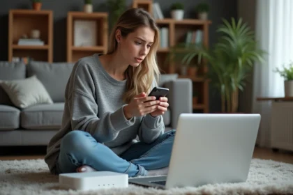 Jeune femme inquiète avec son téléphone près d'un routeur