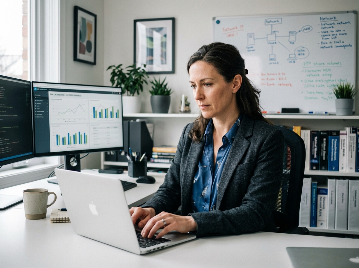 Femme gestionnaire IT concentrée sur son ordinateur portable