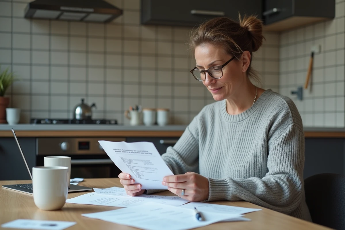 Femme lisant un guide Python dans une cuisine chaleureuse