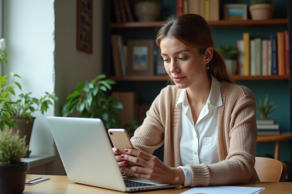 Femme d age moyen consulte son smartphone et son ordinateur portable
