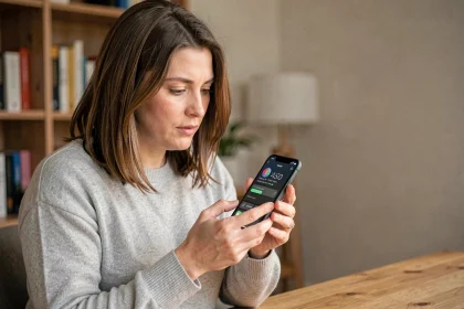 Femme tenant un smartphone affichant une mise à jour iOS 18.4.1 dans un bureau à domicile moderne