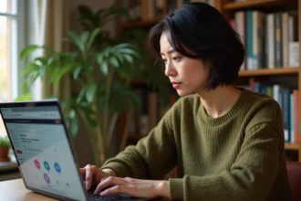 Femme utilisant un navigateur web alternatif sur un ordinateur portable dans un bureau à domicile