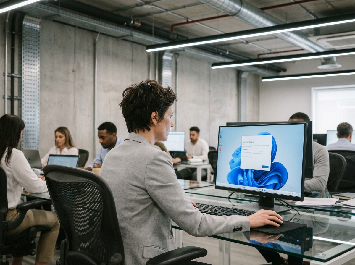Femme en blazer professionnel activant une licence Windows 11 sur un ordinateur de bureau dans un open space