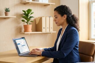 Femme d'affaires concentrée devant son ordinateur en bureau