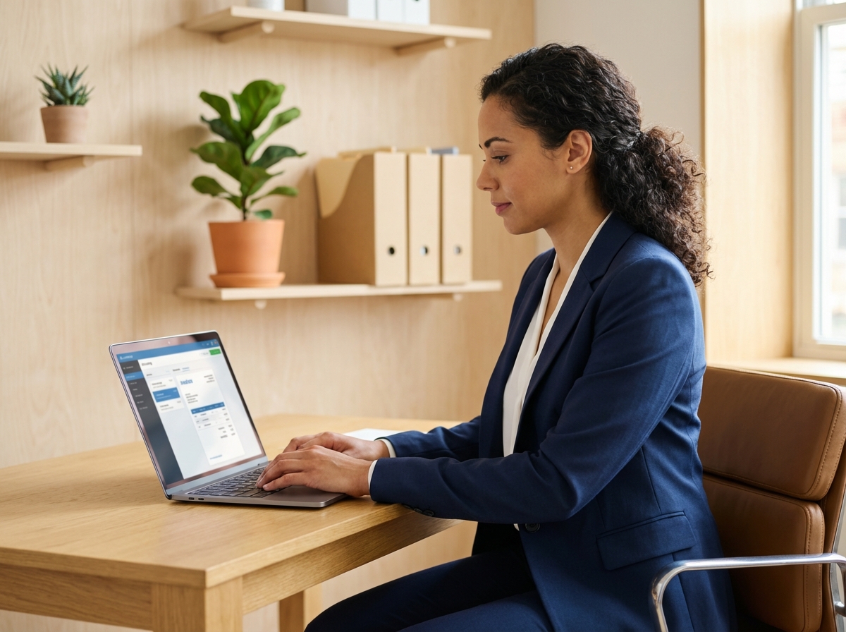 Femme d'affaires concentrée devant son ordinateur en bureau