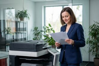 Femme d'affaires vérifiant un document près d'une imprimante moderne