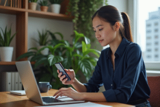 Jeune femme professionnelle en navy et jeans au bureau