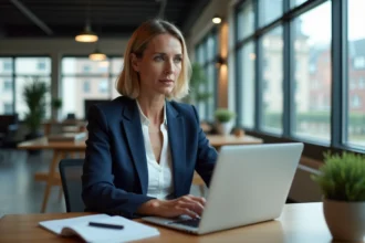 Femme professionnelle utilisant un webmail sur ordinateur portable dans un bureau moderne à Strasbourg