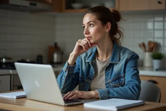Femme concentrée recherchant sur son ordinateur à la maison