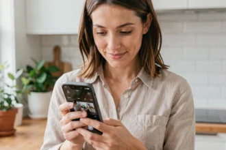 Femme tenant un Google Pixel 8 Pro et explorant les réglages photo de l'application appareil photo dans une cuisine moderne