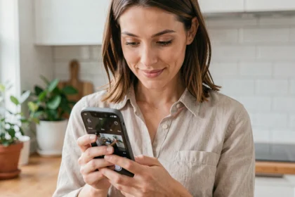Femme tenant un Google Pixel 8 Pro et explorant les réglages photo de l'application appareil photo dans une cuisine moderne