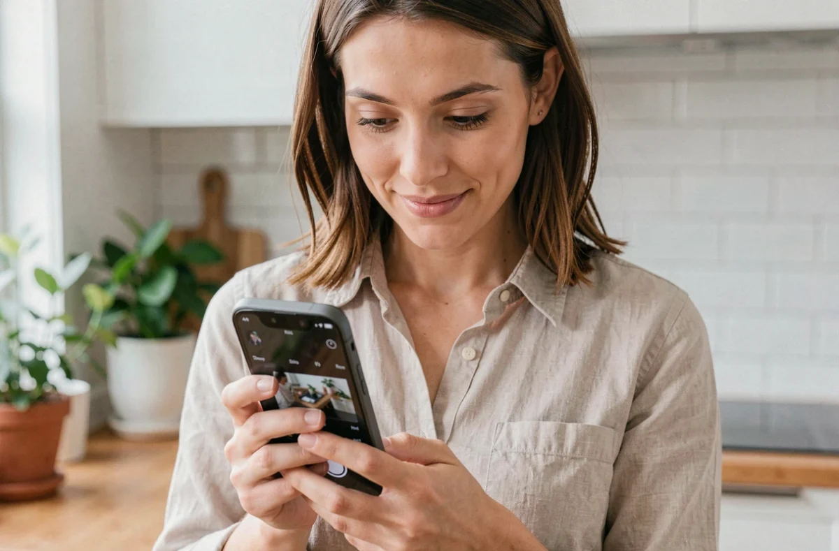 Femme tenant un Google Pixel 8 Pro et explorant les réglages photo de l'application appareil photo dans une cuisine moderne