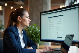 Femme configurant les réglages SEO d'un site Wiz sur un ordinateur dans un bureau moderne