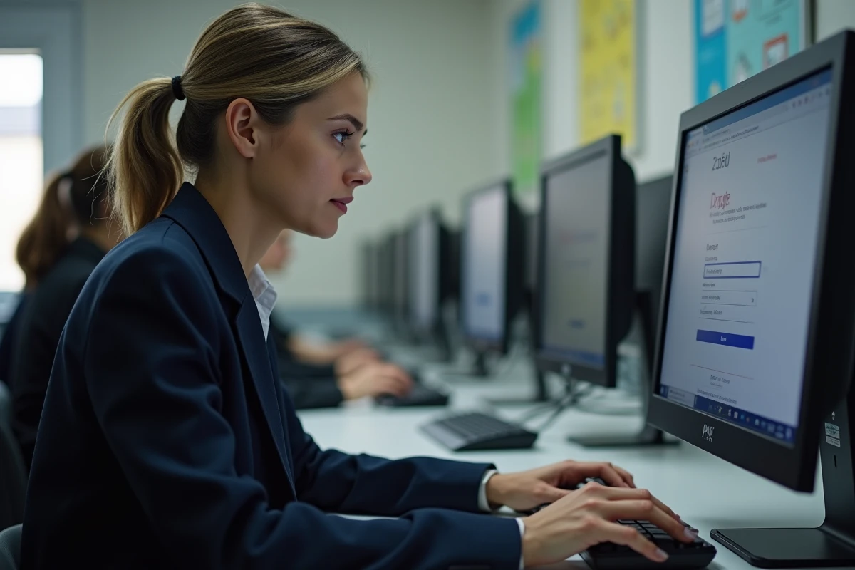 Femme en salle informatique remplissant un formulaire de récupération