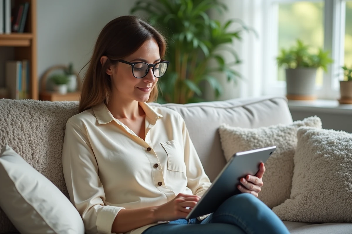 Femme vérifiant la connexion internet sur une tablette à la maison