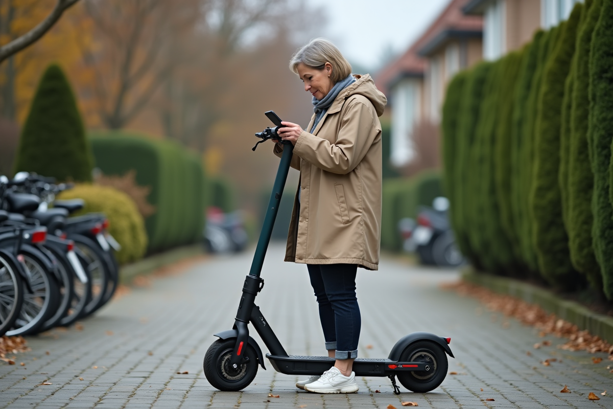 Femme vérifiant les réglages de son scooter dans la cour