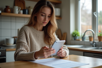 Jeune femme scanne un document dans la cuisine chaleureuse