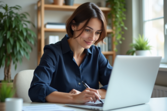 Femme signant un PDF sur son ordinateur dans un bureau moderne
