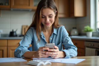 Femme souriante utilisant son smartphone dans une cuisine lumineuse
