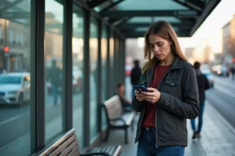 Femme regardant son smartphone à un arrêt de bus en ville
